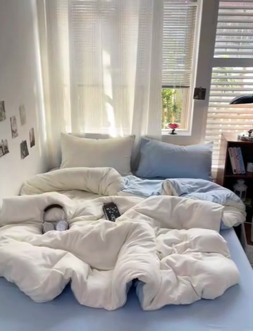 91家纺网 家纺一手货源 找家纺 森璐 2025新款水洗棉双拼四件套宿舍三件套床单被套枕套双拼-奶白蓝