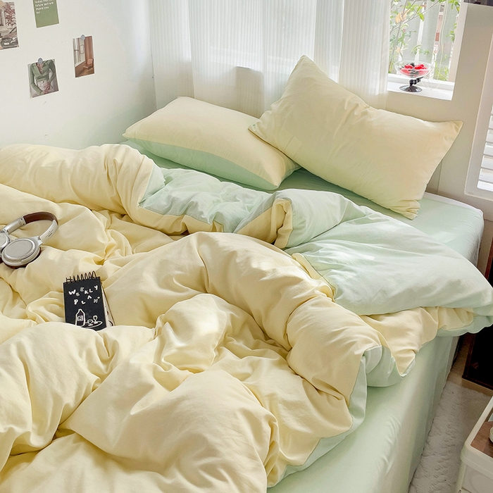 91家纺网 家纺一手货源 找家纺 森璐 2025新款水洗棉双拼四件套宿舍三件套床单被套枕套双拼-浅黄绿