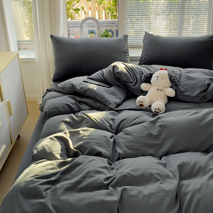 91家纺网 家纺一手货源 找家纺 森璐 2025新款水洗棉双拼四件套宿舍三件套床单被套枕套纯色-深灰色