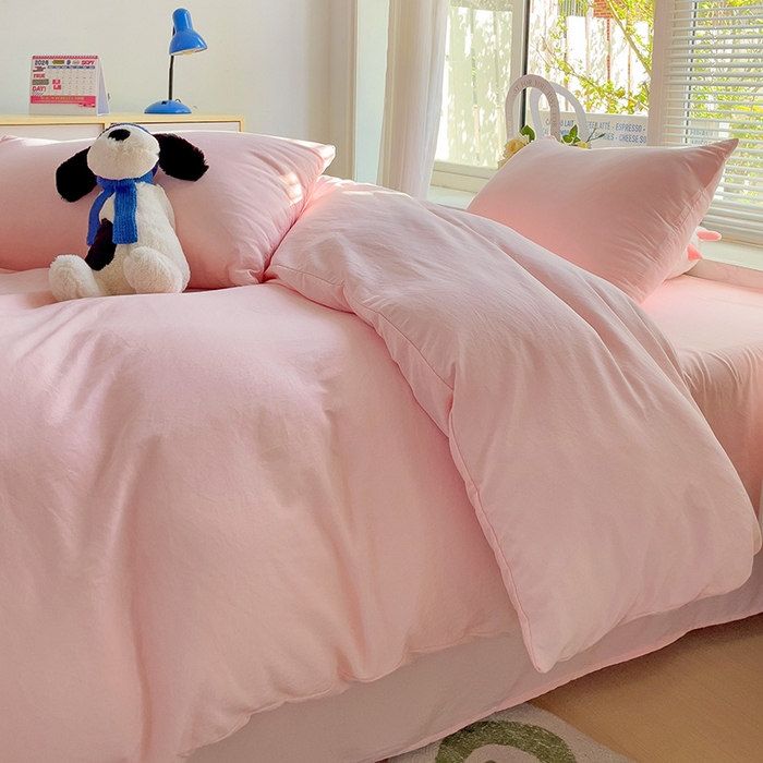 91家纺网 家纺一手货源 找家纺 森璐 2025新款水洗棉双拼四件套宿舍三件套床单被套枕套纯色-粉色