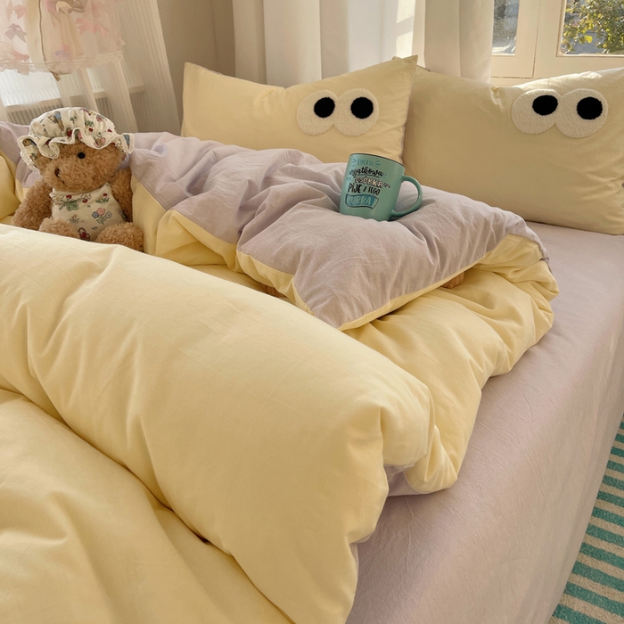 91家纺网 家纺一手货源 找家纺 2025新款A类亲肤舒适软糯云柔水洗棉大眼睛毛巾绣混搭格子撞色系列四件套 大眼奶油葡萄