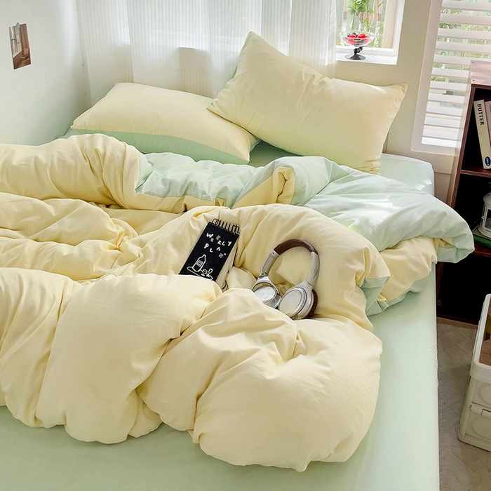 91家纺网 家纺一手货源 找家纺 森璐 2025新款水洗棉双拼四件套宿舍三件套床单被套枕套双拼-浅黄绿