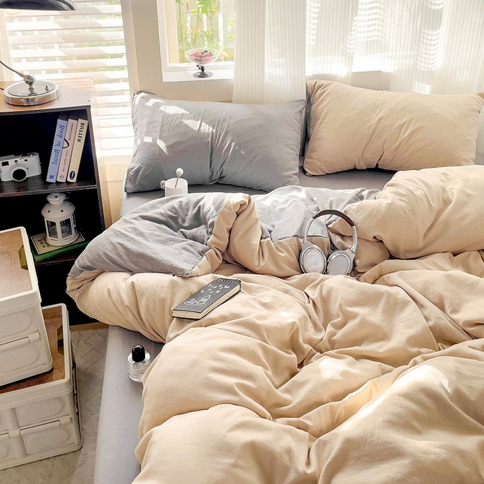 91家纺网 家纺一手货源 找家纺 森璐 2025新款水洗棉双拼四件套宿舍三件套床单被套枕套双拼-驼卡灰