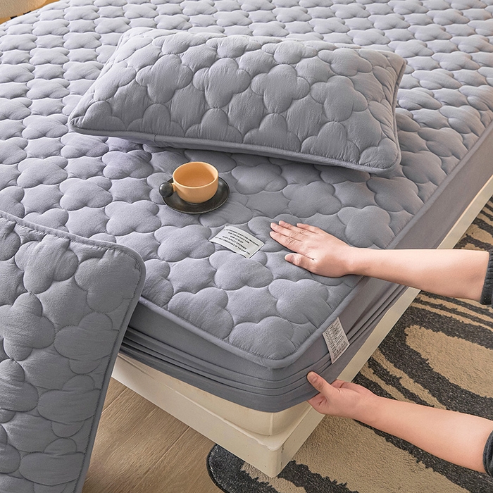 91家纺网 家纺一手货源 找家纺 3C 2025新款全棉水洗棉夹棉床笠-梦屿系列 梦屿 蓝灰