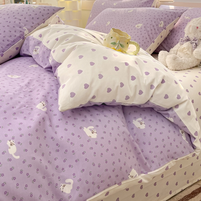 91家纺网 家纺一手货源 找家纺 2025新款全棉卡通小清新系列四件套 紫花猫