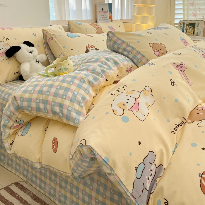 91家纺网 家纺一手货源 找家纺 2025新款全棉卡通小清新系列四件套 好奇狗