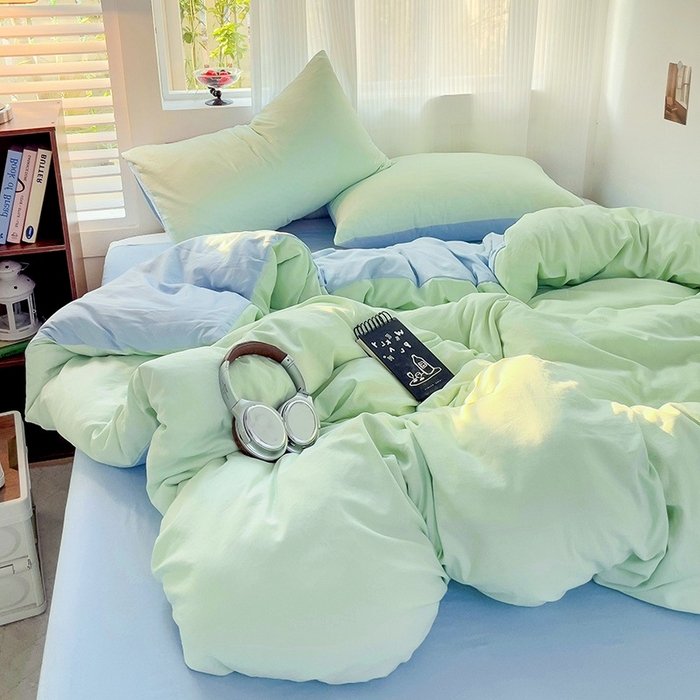 91家纺网 家纺一手货源 找家纺 森璐 2025新款水洗棉双拼四件套宿舍三件套床单被套枕套双拼-藻绿蓝