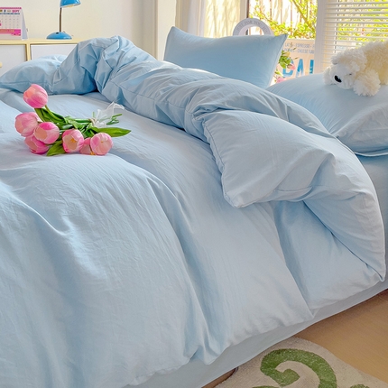 森璐 2025新款水洗棉双拼四件套宿舍三件套床单被套枕套纯色-浅蓝色