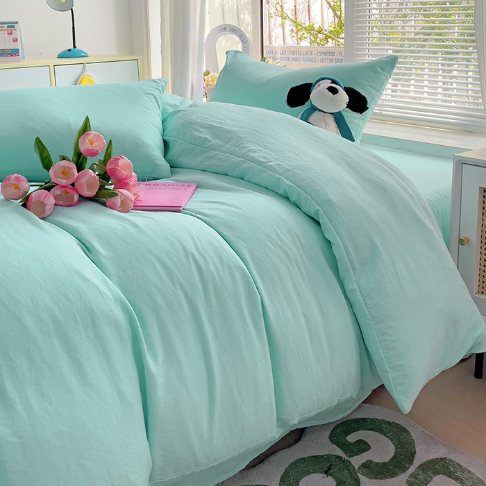 91家纺网 家纺一手货源 找家纺 森璐 2025新款水洗棉双拼四件套宿舍三件套床单被套枕套纯色-水绿色