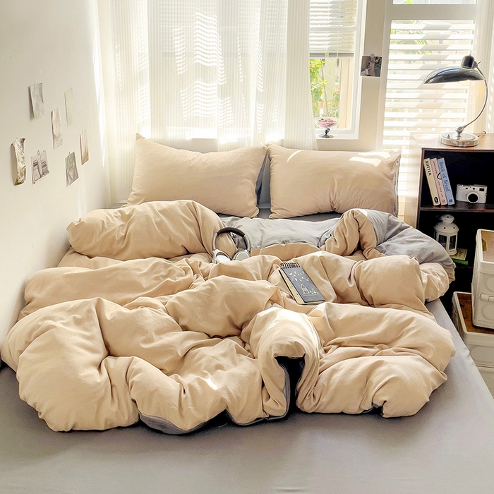 91家纺网 家纺一手货源 找家纺 森璐 2025新款水洗棉双拼四件套宿舍三件套床单被套枕套双拼-驼卡灰