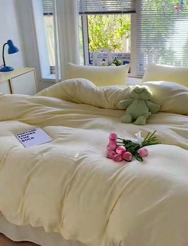 91家纺网 家纺一手货源 找家纺 森璐 2025新款水洗棉双拼四件套宿舍三件套床单被套枕套纯色-黄色