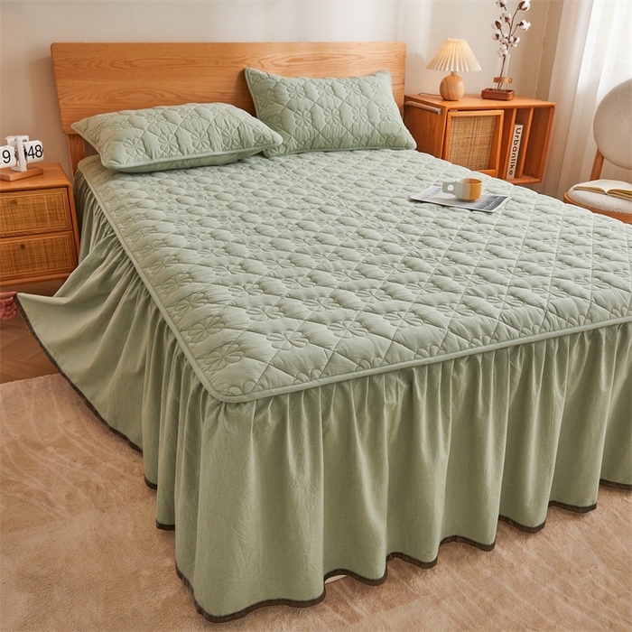 91家纺网 家纺一手货源 找家纺 3C 2024新款全棉水洗棉夹棉床裙-四叶草系列 四叶草-抹茶绿