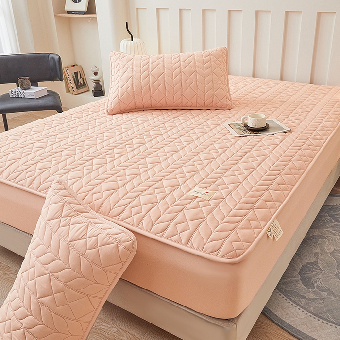 91家纺网 家纺一手货源 找家纺 3C 2025新款A类亲肤夹棉床笠-麦穗格 麦穗格 明媚粉