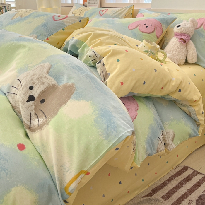 91家纺网 家纺一手货源 找家纺 2025新款全棉卡通小清新系列四件套 油画慕斯猫