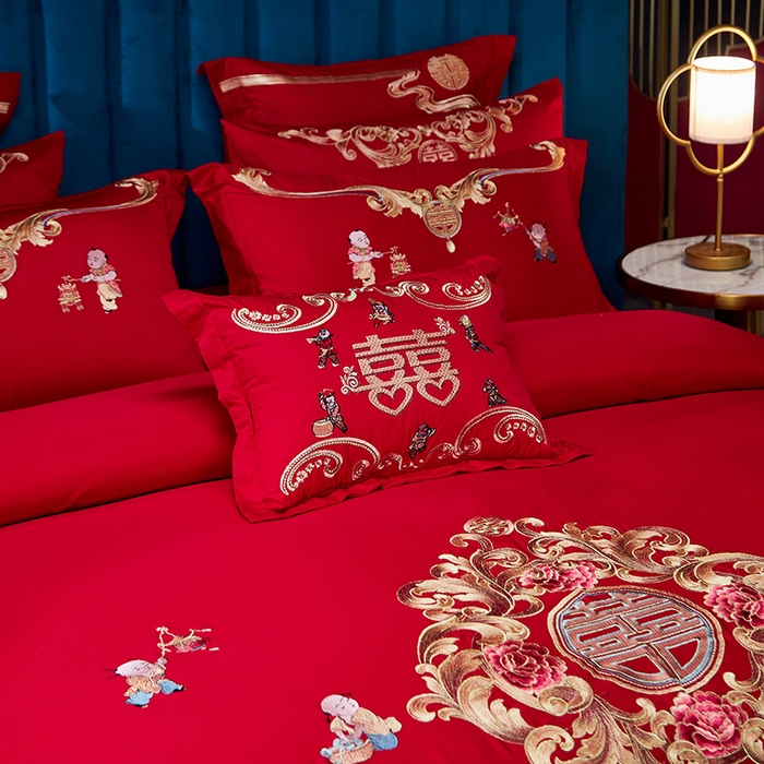 91家纺网 家纺一手货源 找家纺 东方合美（原：皇家传奇） 2023新款40s全工艺喷气刺绣纯棉婚庆多件套-系列三 多子多福