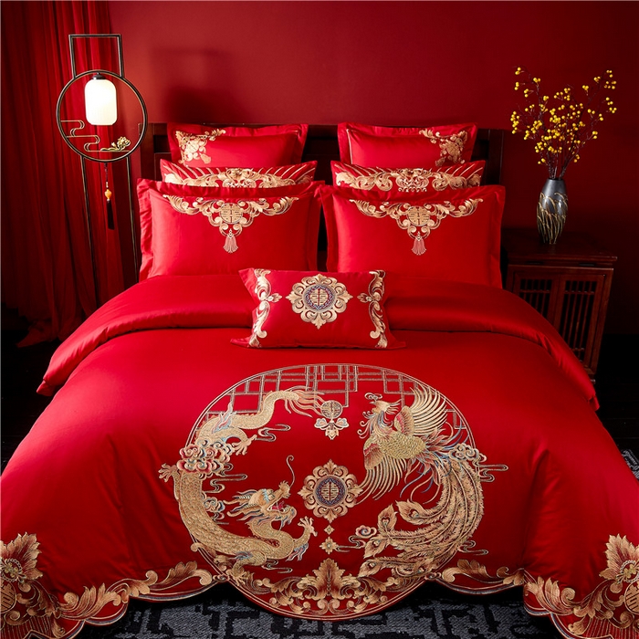 91家纺网 家纺一手货源 找家纺 2023新款120s提花长绒棉婚庆多件套系列 花好月圆