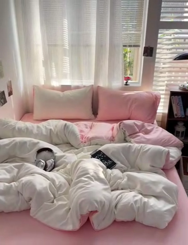 91家纺网 家纺一手货源 找家纺 森璐 2025新款水洗棉双拼四件套宿舍三件套床单被套枕套双拼-奶白粉