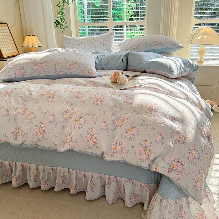 91家纺网 家纺一手货源 找家纺 韩约家纺 2025新款简约款1针织双层纱床盖四件套 淡雅花姿（简约款）