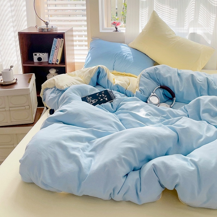 91家纺网 家纺一手货源 找家纺 森璐 2025新款水洗棉双拼四件套宿舍三件套床单被套枕套双拼-天蓝黄