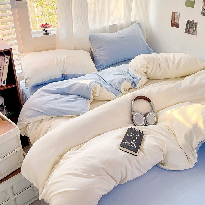 91家纺网 家纺一手货源 找家纺 森璐 2025新款水洗棉双拼四件套宿舍三件套床单被套枕套双拼-奶白蓝