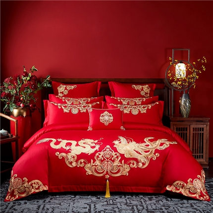91家纺网 家纺一手货源 找家纺 东方合美（原：皇家传奇） 2023新款40s全工艺喷气刺绣纯棉婚庆多件套-系列三 龙凤呈祥