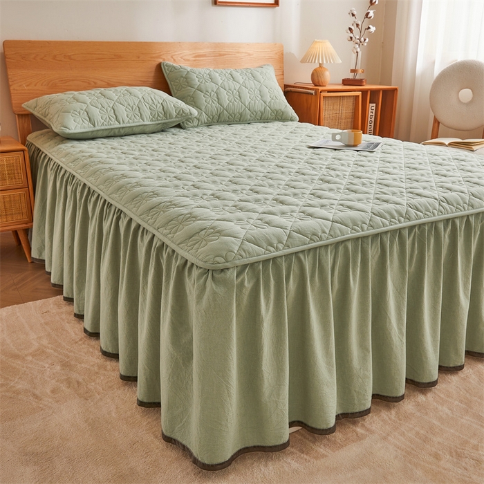 91家纺网 家纺一手货源 找家纺 3C 2024新款全棉水洗棉夹棉床裙-四叶草系列 四叶草-抹茶绿