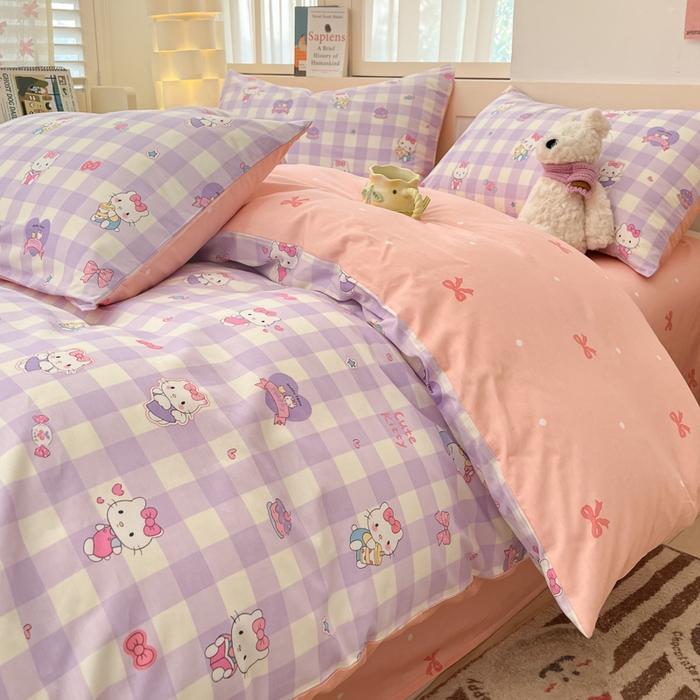 91家纺网 家纺一手货源 找家纺 2025新款全棉卡通小清新系列四件套 糖果猫