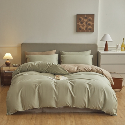 91家纺网 家纺一手货源 找家纺 典曼家纺 2025新品A类长绒棉纯色双拼四件套 果绿+大麦茶