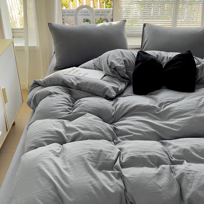 91家纺网 家纺一手货源 找家纺 森璐 2025新款水洗棉双拼四件套宿舍三件套床单被套枕套纯色-浅灰色