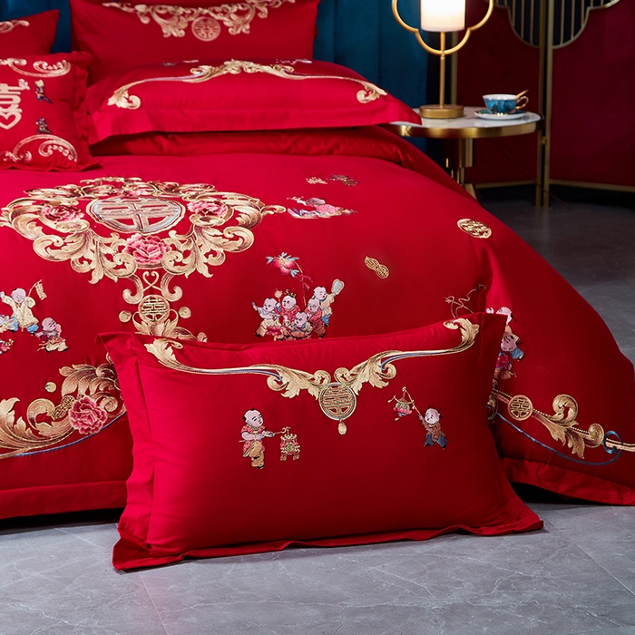 91家纺网 家纺一手货源 找家纺 东方合美（原：皇家传奇） 2023新款40s全工艺喷气刺绣纯棉婚庆多件套-系列三 多子多福