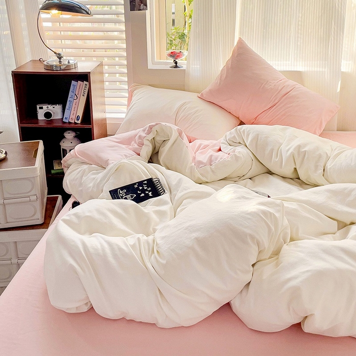 91家纺网 家纺一手货源 找家纺 森璐 2025新款水洗棉双拼四件套宿舍三件套床单被套枕套双拼-奶白粉