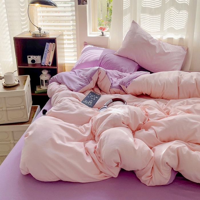 91家纺网 家纺一手货源 找家纺 森璐 2025新款水洗棉双拼四件套宿舍三件套床单被套枕套双拼-粉玉紫