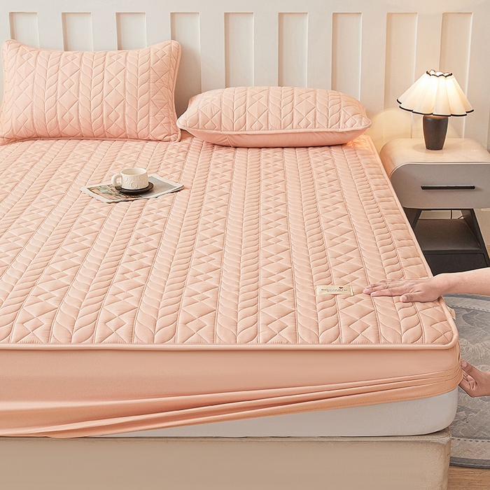 91家纺网 家纺一手货源 找家纺 3C 2025新款A类亲肤夹棉床笠-麦穗格 麦穗格 明媚粉