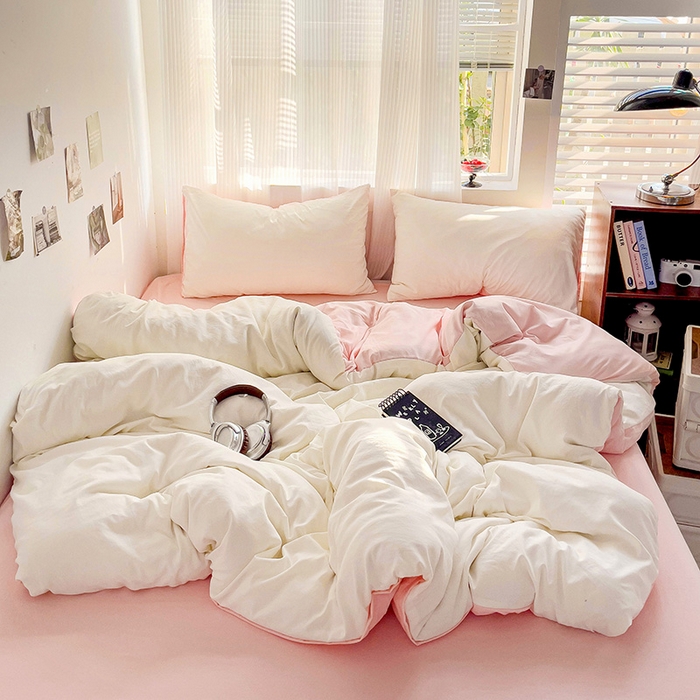 91家纺网 家纺一手货源 找家纺 森璐 2025新款水洗棉双拼四件套宿舍三件套床单被套枕套双拼-奶白粉