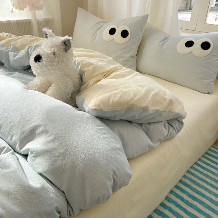 91家纺网 家纺一手货源 找家纺 2025新款A类亲肤舒适软糯云柔水洗棉大眼睛毛巾绣混搭格子撞色系列四件套 大眼海盐奶黄