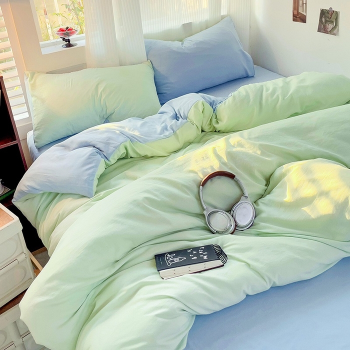 91家纺网 家纺一手货源 找家纺 森璐 2025新款水洗棉双拼四件套宿舍三件套床单被套枕套双拼-藻绿蓝