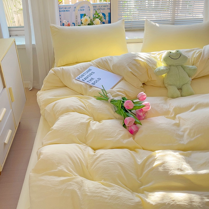 91家纺网 家纺一手货源 找家纺 森璐 2025新款水洗棉双拼四件套宿舍三件套床单被套枕套纯色-黄色