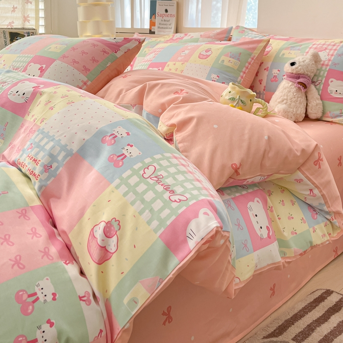 91家纺网 家纺一手货源 找家纺 2025新款全棉卡通小清新系列四件套 可爱喵喵