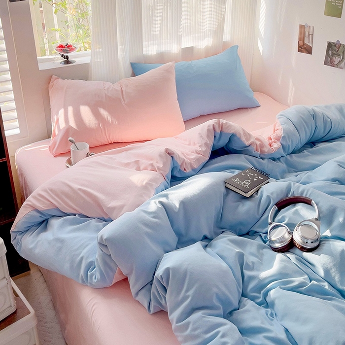 91家纺网 家纺一手货源 找家纺 森璐 2025新款水洗棉双拼四件套宿舍三件套床单被套枕套双拼-天蓝粉