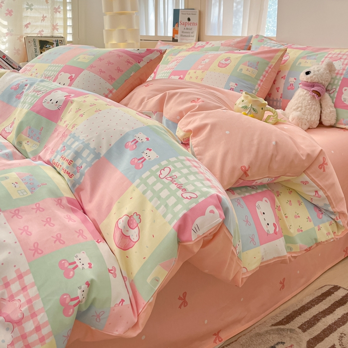 91家纺网 家纺一手货源 找家纺 2025新款全棉卡通小清新系列四件套 可爱喵喵