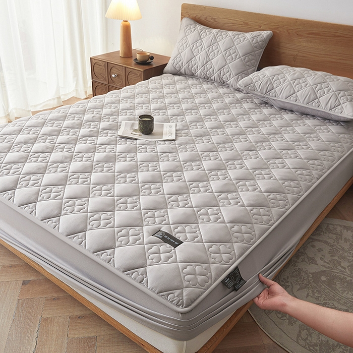 91家纺网 家纺一手货源 找家纺 3C 2025新款A类亲肤夹棉床笠-花叶 花叶 冰山灰