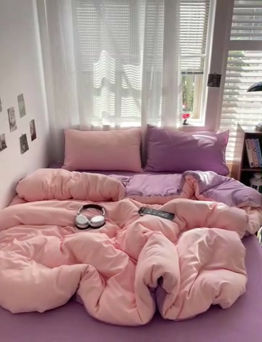 91家纺网 家纺一手货源 找家纺 森璐 2025新款水洗棉双拼四件套宿舍三件套床单被套枕套双拼-粉玉紫