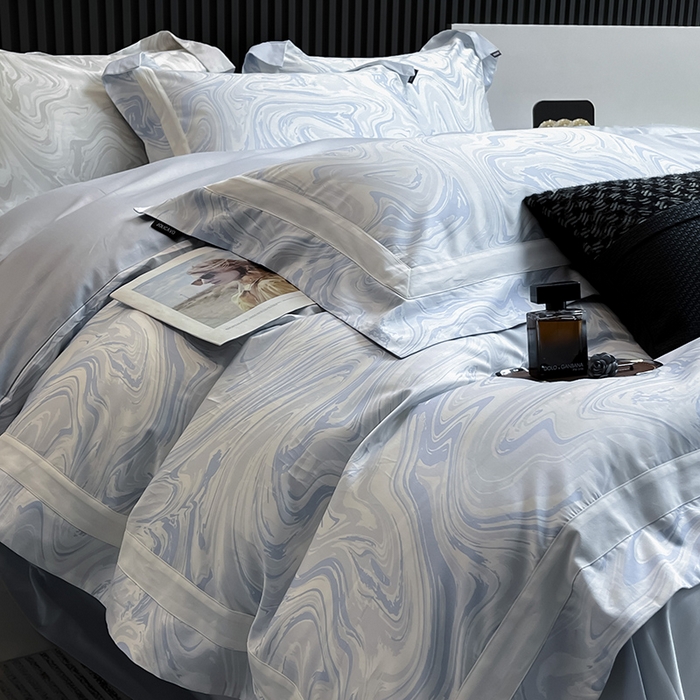 91家纺网 家纺一手货源 找家纺 春夏爆款全棉数码印花四件套纯棉轻奢风长绒棉床单被套时尚床上用品浮影 SM浮影-沁水蓝