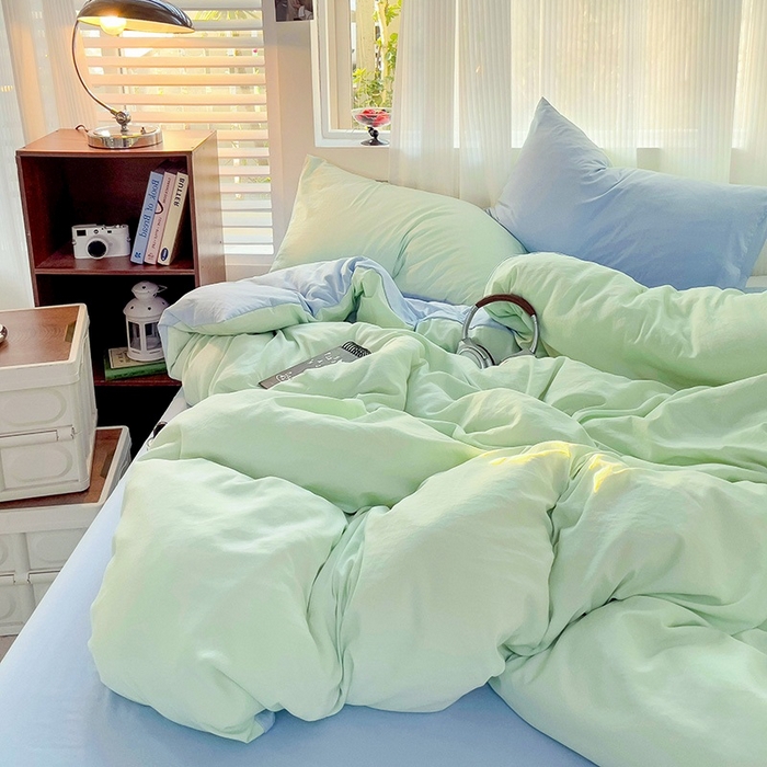 91家纺网 家纺一手货源 找家纺 森璐 2025新款水洗棉双拼四件套宿舍三件套床单被套枕套双拼-藻绿蓝