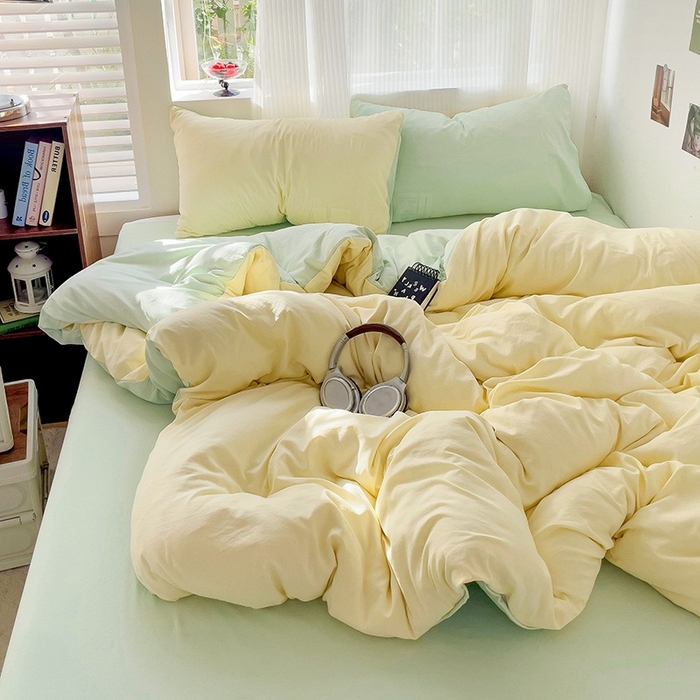 91家纺网 家纺一手货源 找家纺 森璐 2025新款水洗棉双拼四件套宿舍三件套床单被套枕套双拼-浅黄绿