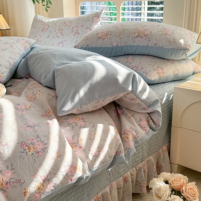 91家纺网 家纺一手货源 找家纺 韩约家纺 2025新款简约款1针织双层纱床盖四件套 淡雅花姿（简约款）