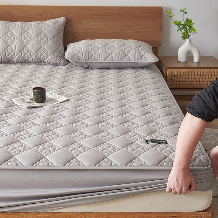 91家纺网 家纺一手货源 找家纺 3C 2025新款A类亲肤夹棉床笠-花叶 花叶 冰山灰