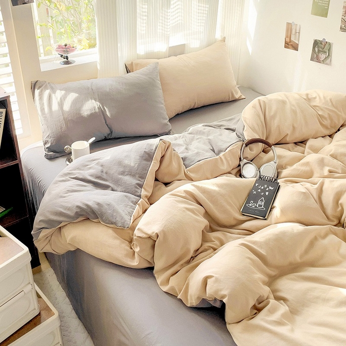 91家纺网 家纺一手货源 找家纺 森璐 2025新款水洗棉双拼四件套宿舍三件套床单被套枕套双拼-驼卡灰