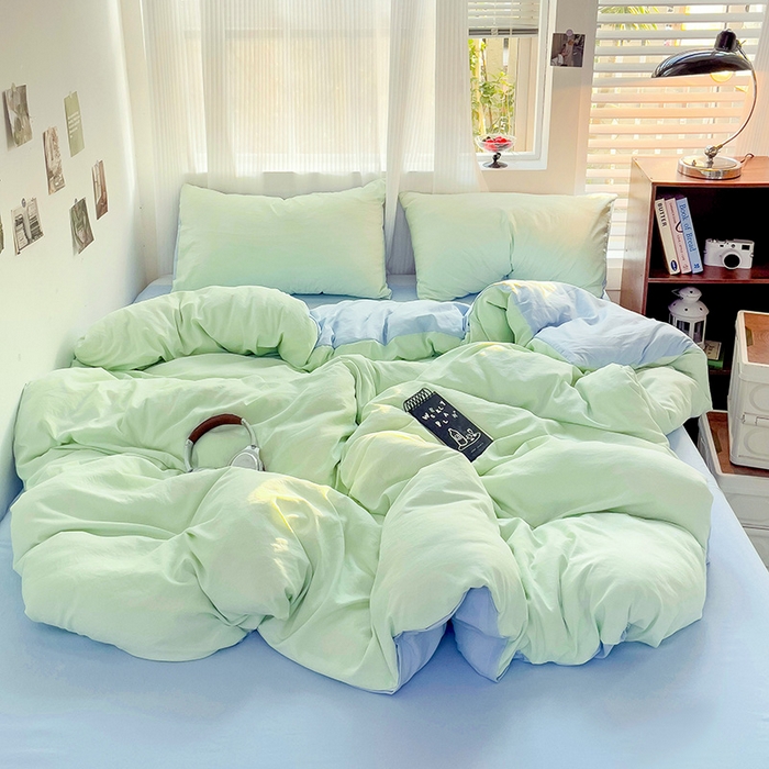 91家纺网 家纺一手货源 找家纺 森璐 2025新款水洗棉双拼四件套宿舍三件套床单被套枕套双拼-藻绿蓝