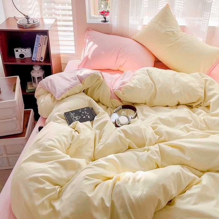 91家纺网 家纺一手货源 找家纺 森璐 2025新款水洗棉双拼四件套宿舍三件套床单被套枕套双拼-浅黄粉